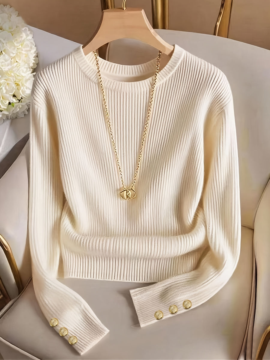 Women'S Fashion Slim Fit Crew Neck Fake Button Long Sleeve T-Shirt - Apricot