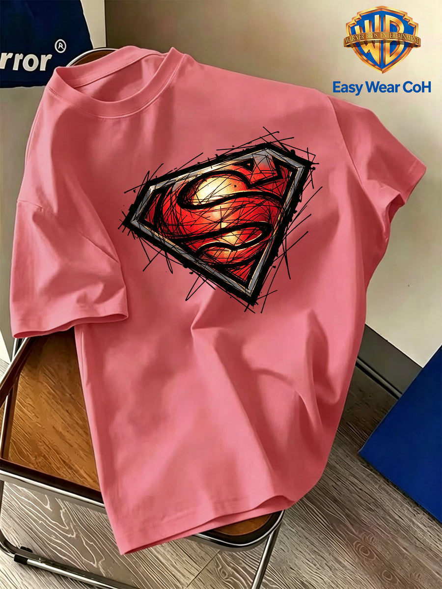 Warner Bros. Authentic Men's Pure Cotton Short-Sleeve T-Shirt, Featuring a Classic Hand-drawn Sketch-style Superman Core Pattern + S Shield Logo Creative Print. The Sketch Design Has Finely Detailed Layers, and the Pure Cotton Fabric Dispels Summer - Watermelon Red