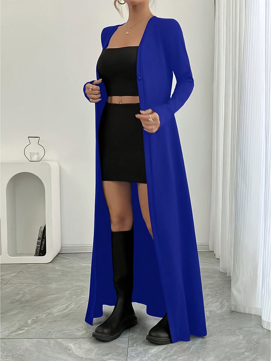New Spring/Autumn Women's European and American Style Daily Solid Color Long Button-Up Cardigan, Long Sleeve, Slim Fit, Casual Commuter Outerwear - Blue