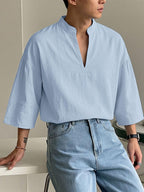 Men Casual Tops Solid 3/4 Sleeve Stand Collar V Neck Solid Loose Fit Outdoor Street Casual Shirt - Light Blue