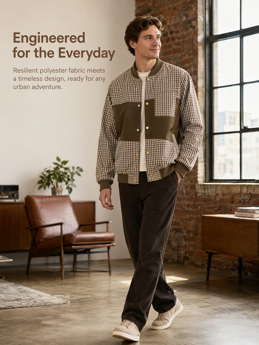 Men'S Vintage Jacket with Pockets, Snap-Button Front, Classic Plaid Pattern, Fashionable Retro Street Baseball Coat, Men'S Preppy Jacket - Coffee Color