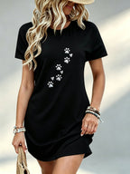 Printed Design - Not Textured, Casual Women Dress, Paw Print Pattern, Beach Vacation, Gift for Girlfriend, 100% Fiber - Black