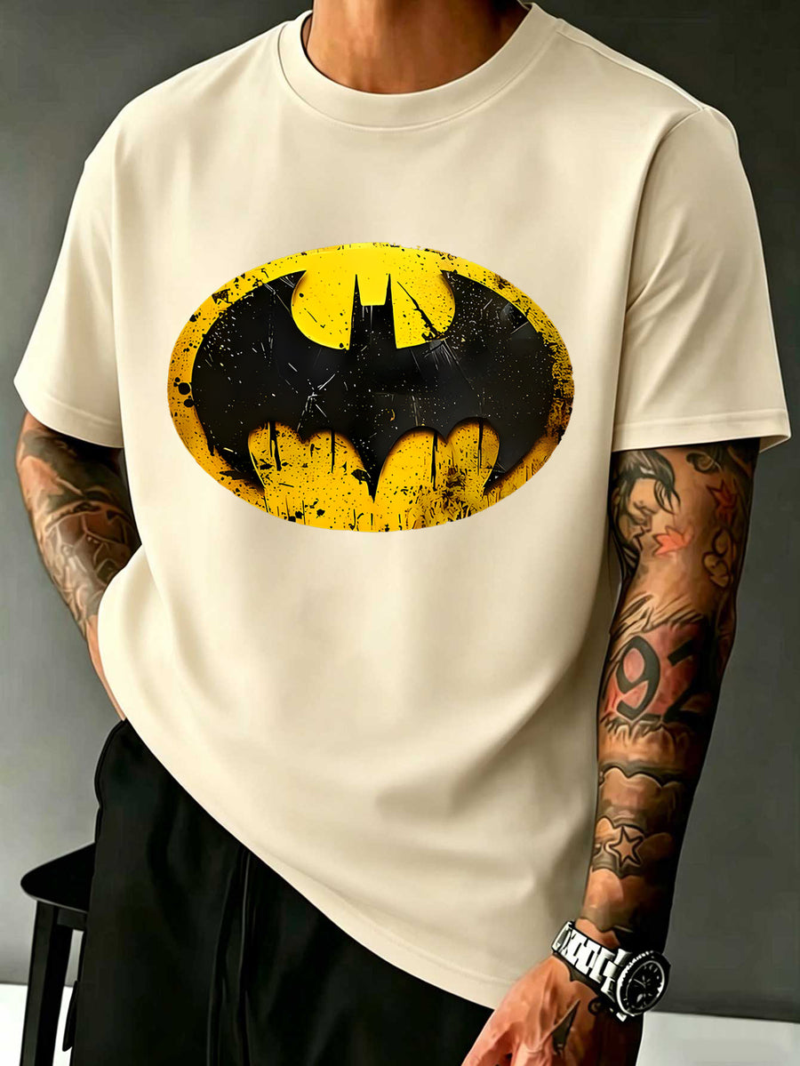 Warner Licensed DC Distressed Bat Symbol Embedded Gotham City Silhouette Print Loose Round Neck Short Sleeve T-Shirt - Apricot