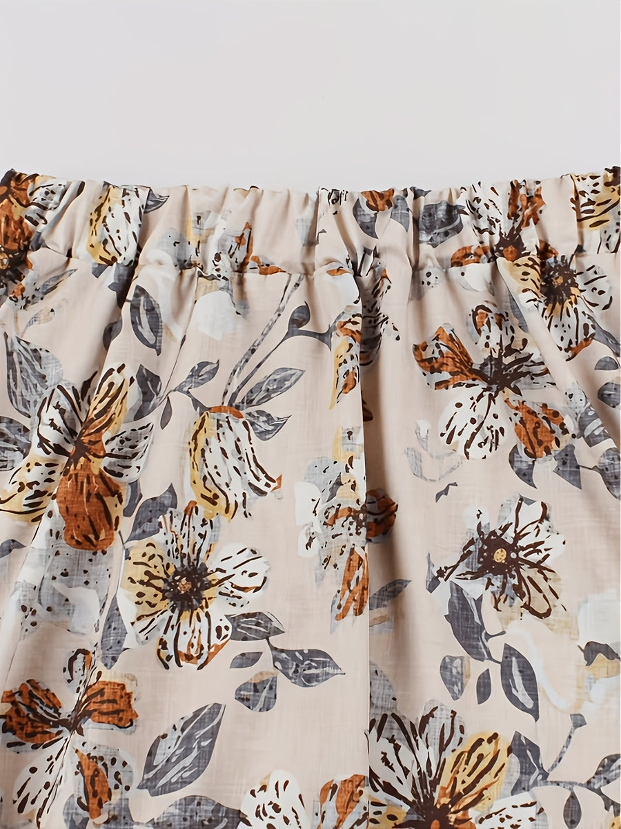 Women'S Summer Beige Base Vintage Floral Elastic Waist Ruffle A-Line Flared Midi Skirt - White