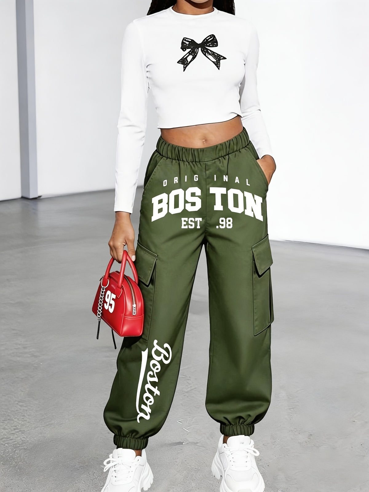 New Arrival - Women's Cargo Pants Sold Individually, Cute and Fun Patterned Letter Print Work Pants with Multiple Pockets, Featuring Digital Cartoon Patterns, Cargo Pants Style, Long Pants for Fashionable Aged 18-25, Machine Washable, Durable Fabric - Olive Green