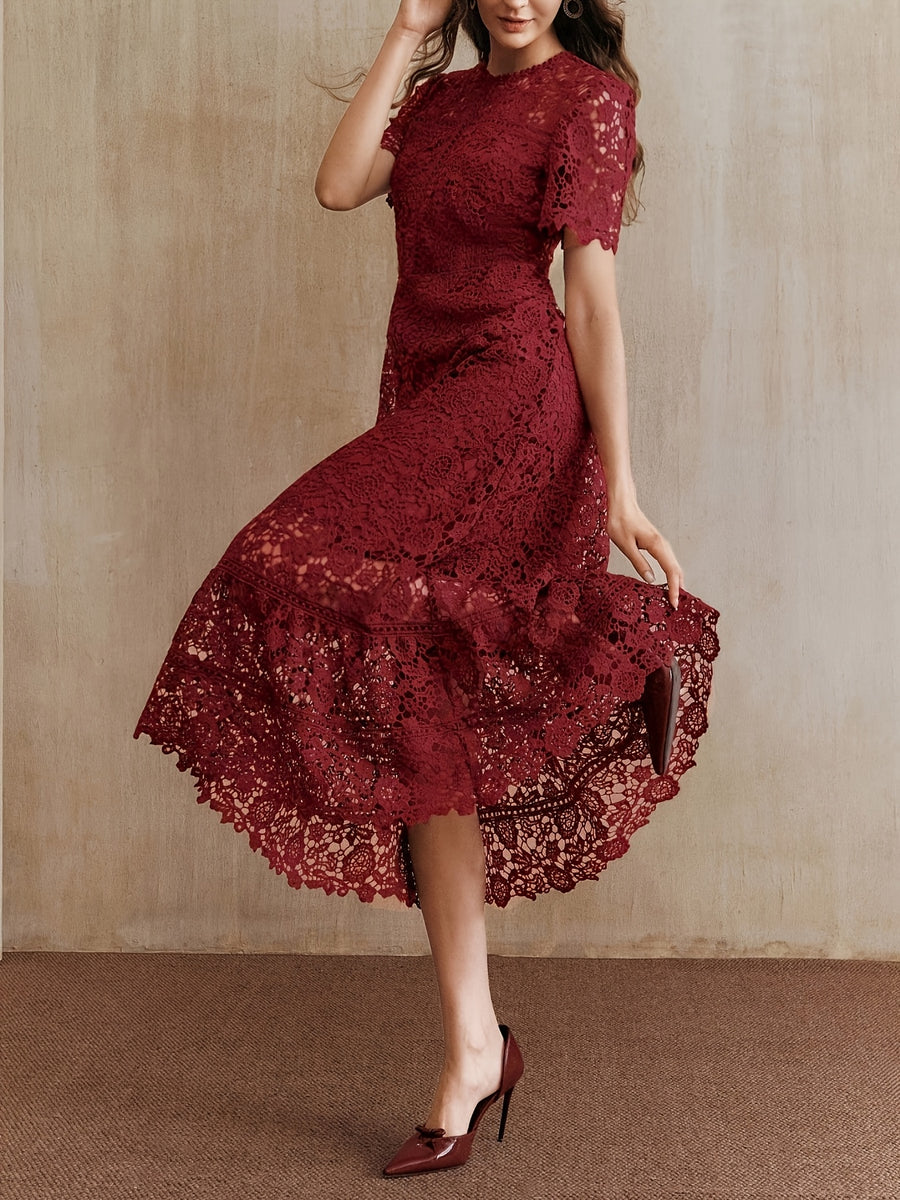 French Lace Cut-out Dress, with a Fashionable Ruffled Panel Design, Features a Flattering Waistline for an Elegant Look, Perfect for Any Formal Occasion. Women's Fashion Must-have - Burgundy