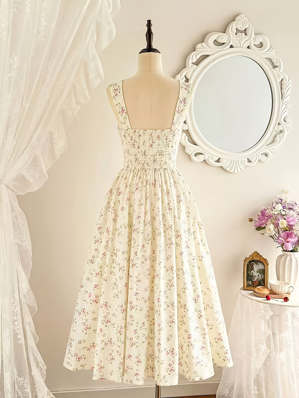 Ladies Fashion Casual Printed Dress with Tie Waist - Multicolor