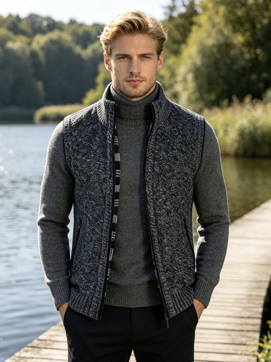 Men'S Stand Collar Zip-Up Vest, Thick Warm Sleeveless Sweater Waistcoat Gilet, Casual Fall Winter Outerwear Sleeveless Cardigan for Daily Commute Outdoor Street Wear - Dark Gray