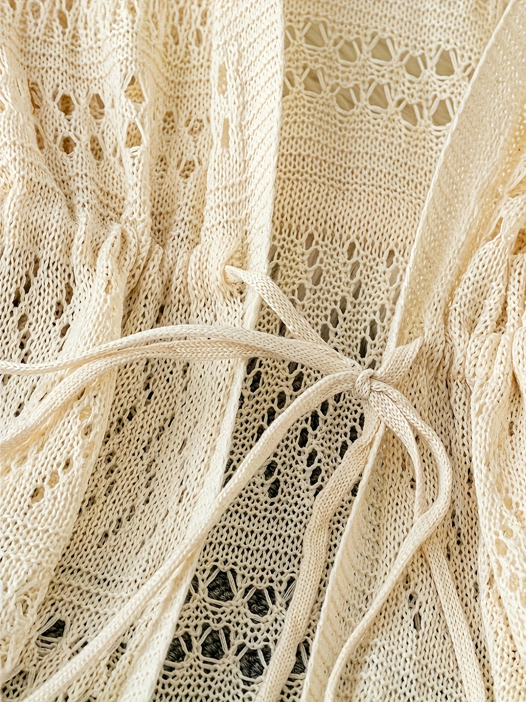 Women's Solid Color Beach Vacation Romantic Crochet Mesh Drawstring Tie Bow Cardigan Western Clothing - High-End - Apricot