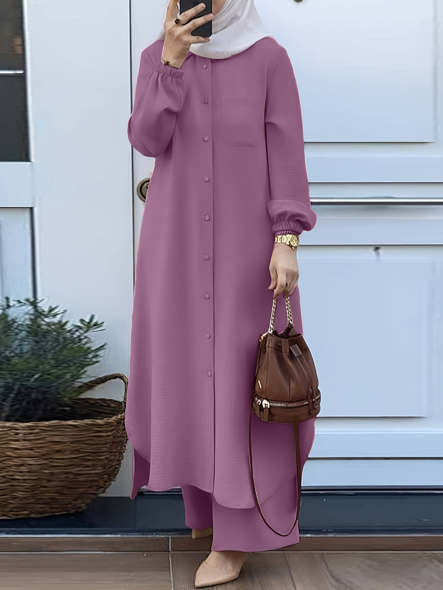New Arabian 2pcs Abaya Set - Women'S Elegant Multi-Button Solid Color Long Sleeve Wide-Leg Trousers Without for Ramadan Spring Autumn Daily Commute - Fuchsia