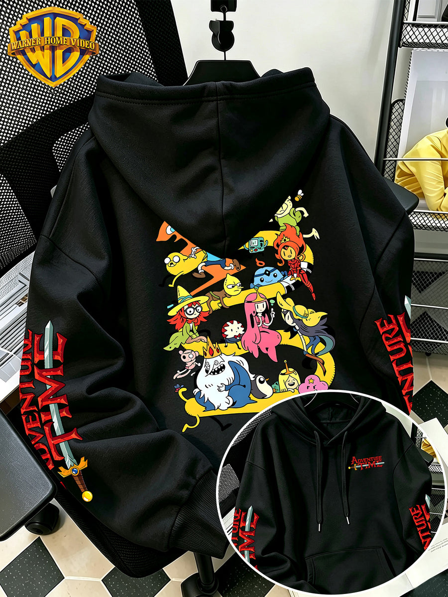 Warner Bros Official Adventure Time Letter B Full Cast All-Around Cartoon Print Hooded Sweatshirt - Men's Casual Versatile Sweatshirt, Comfortable Autumn/Winter Wear, Ideal for Sports, Outdoors, Outings, Travel, and Daily/Commute/Home Use - Black