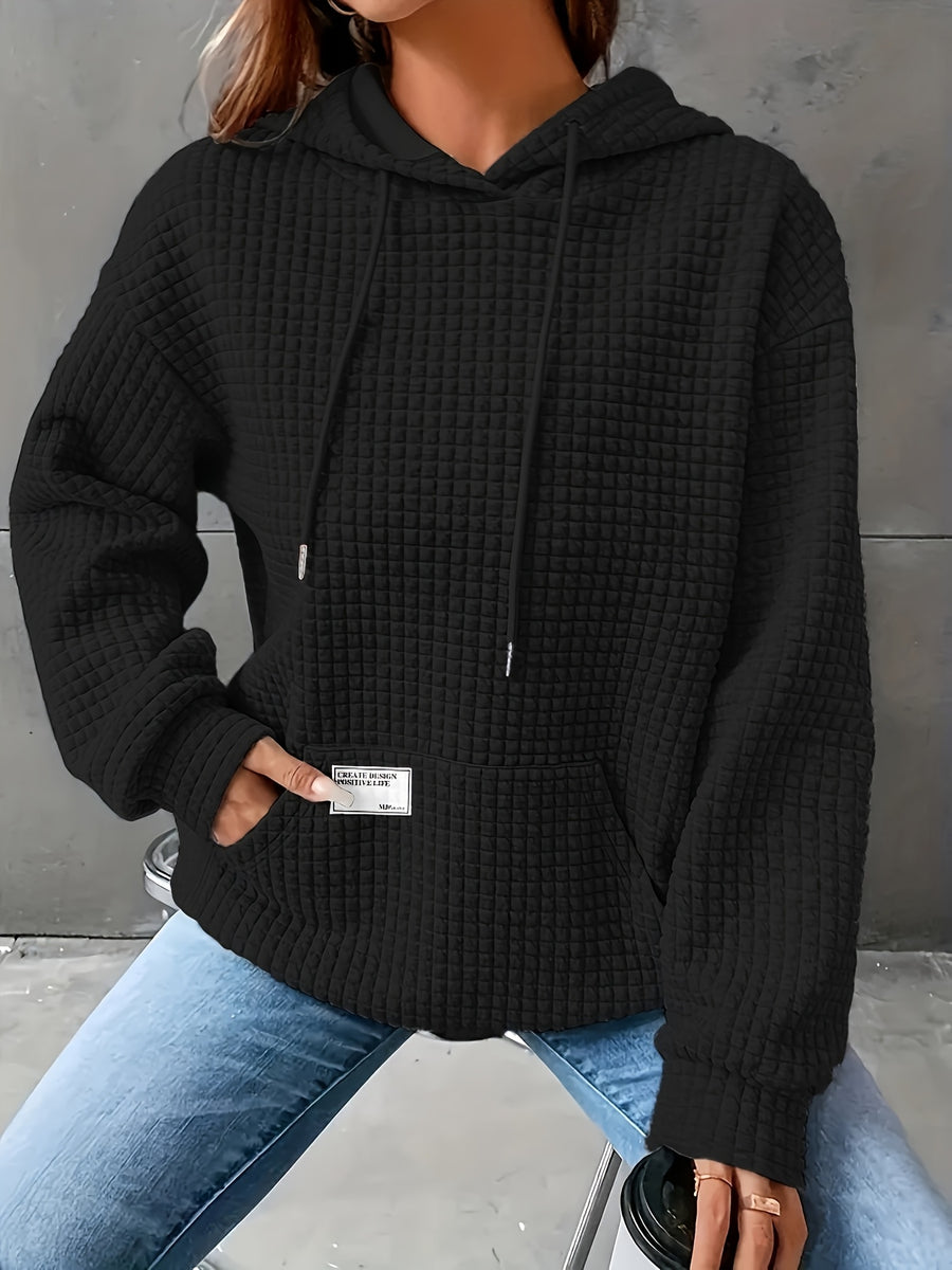 Women's Autumn/Winter Waffle Hooded Long-Sleeve Solid Color Sweatshirt - Black