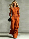 2026 Stand-Up Collar Waist-Cinching Jumpsuit Women'S Contrast Stitching Wide-Leg Cargo Casual Long Trousers - Orange-Red