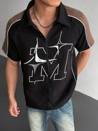 Fashionable Men'S Short-Sleeve Zip-Up Shirt with a Letter Print Pattern in a Collegiate Style, Comfortable for Commuting with Color-Blocking Design, Featuring Side Pockets - Black