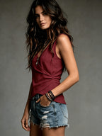 Women'S Casual Elegant Comfortable Easy Solid Color V-Neck Pure Vest - Burgundy