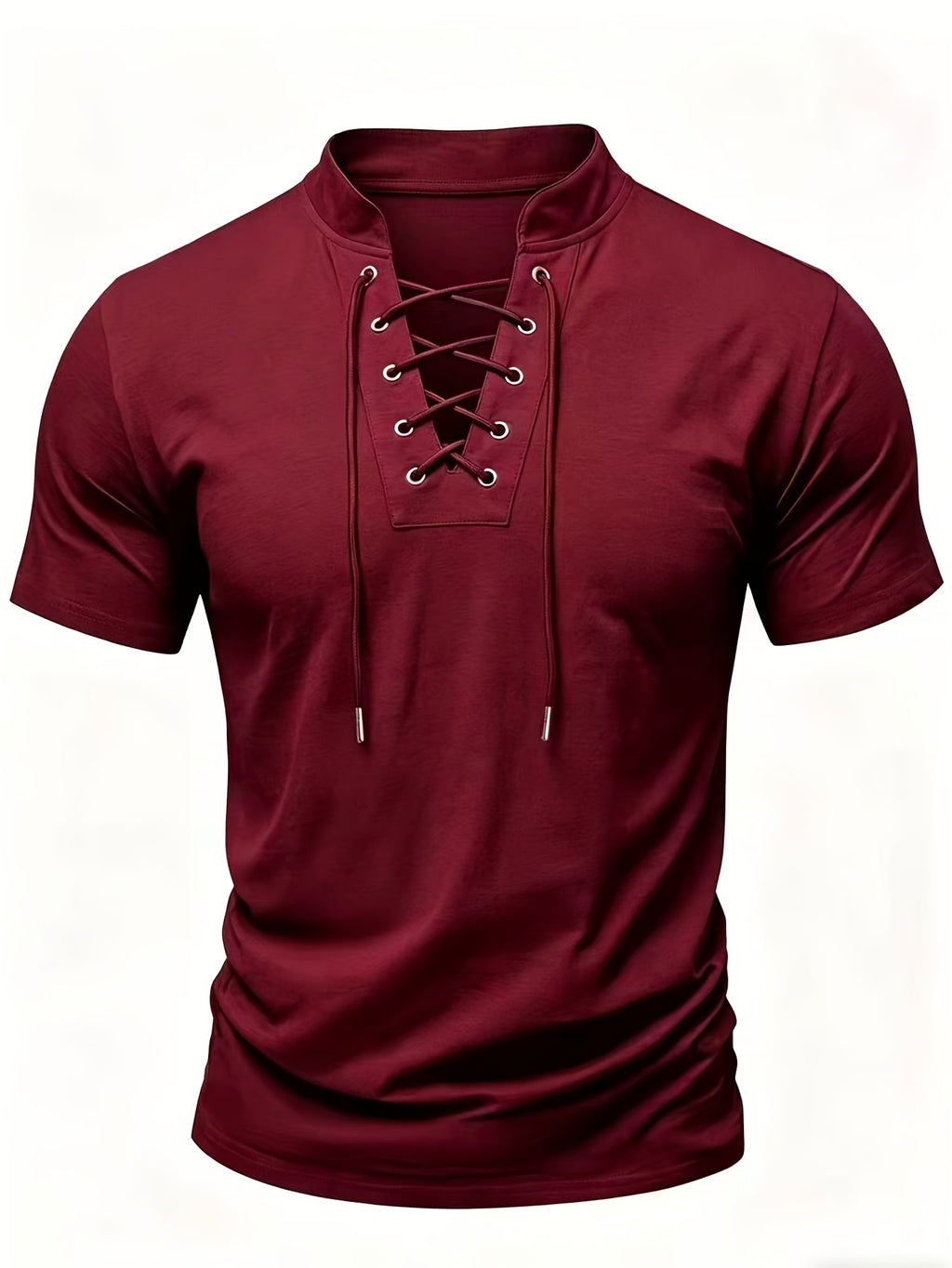 Summer Latest Men'S Individual Design Stand-Up Collar T-Shirt, Fashionable Western Style Trendy High Street Short Sleeve - Deep Red