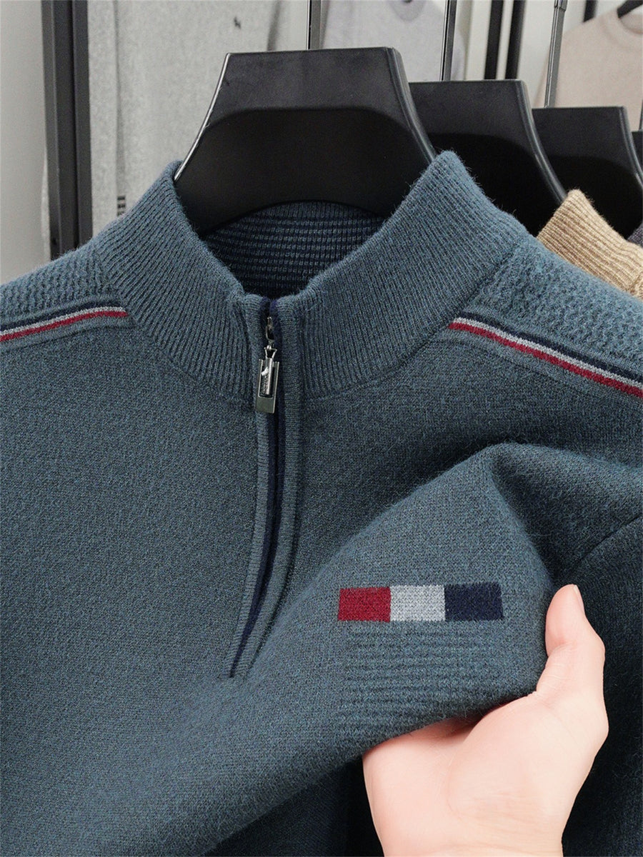 ZBZP Autumn Winter Knit 3D Solid Half-Zip Stand Collar Sweater, Basic Knit Pullover Top for Men, Fashionable Long Sleeve Sweater ZM - Dark Green