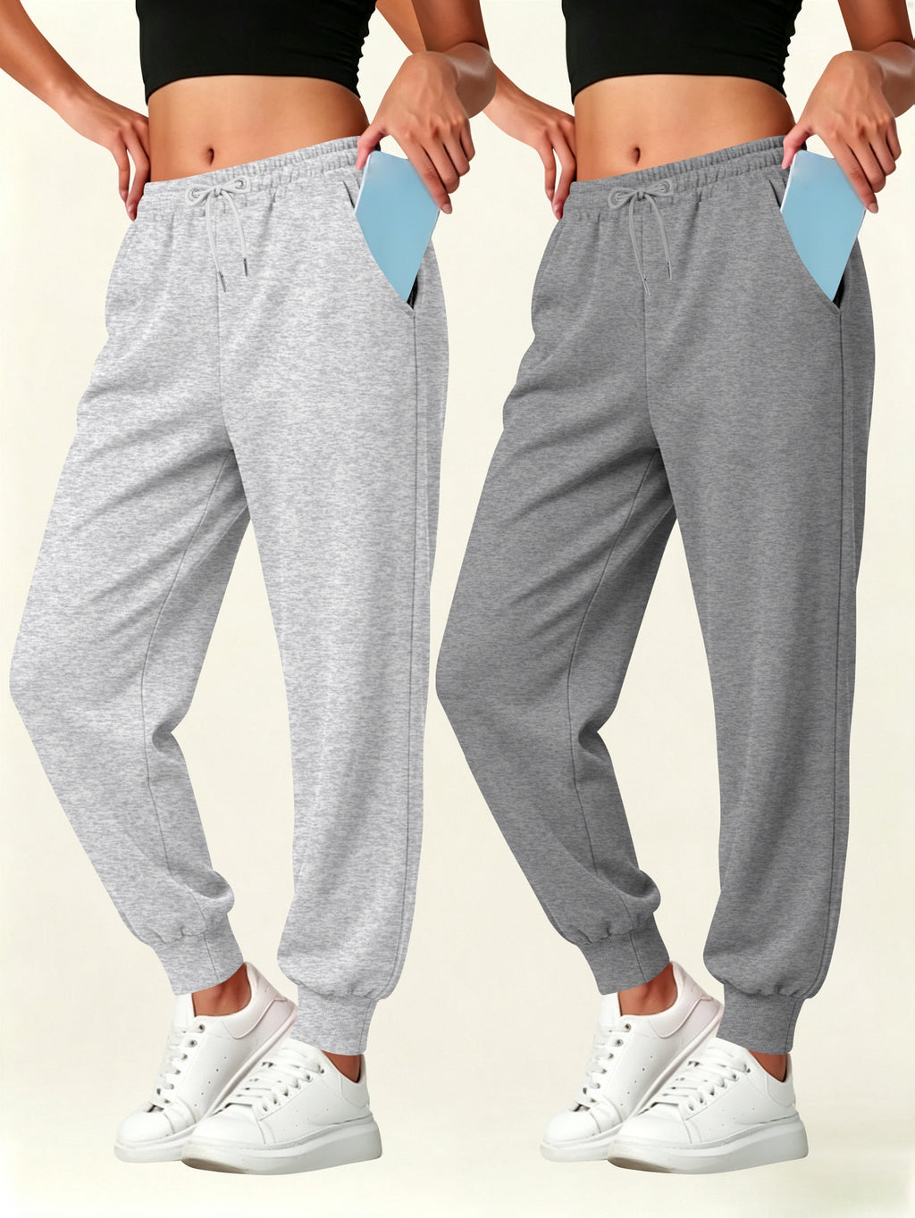 2pcs Set Autumn-Winter Women's Casual Pants with Pockets - Grey+Dark Grey