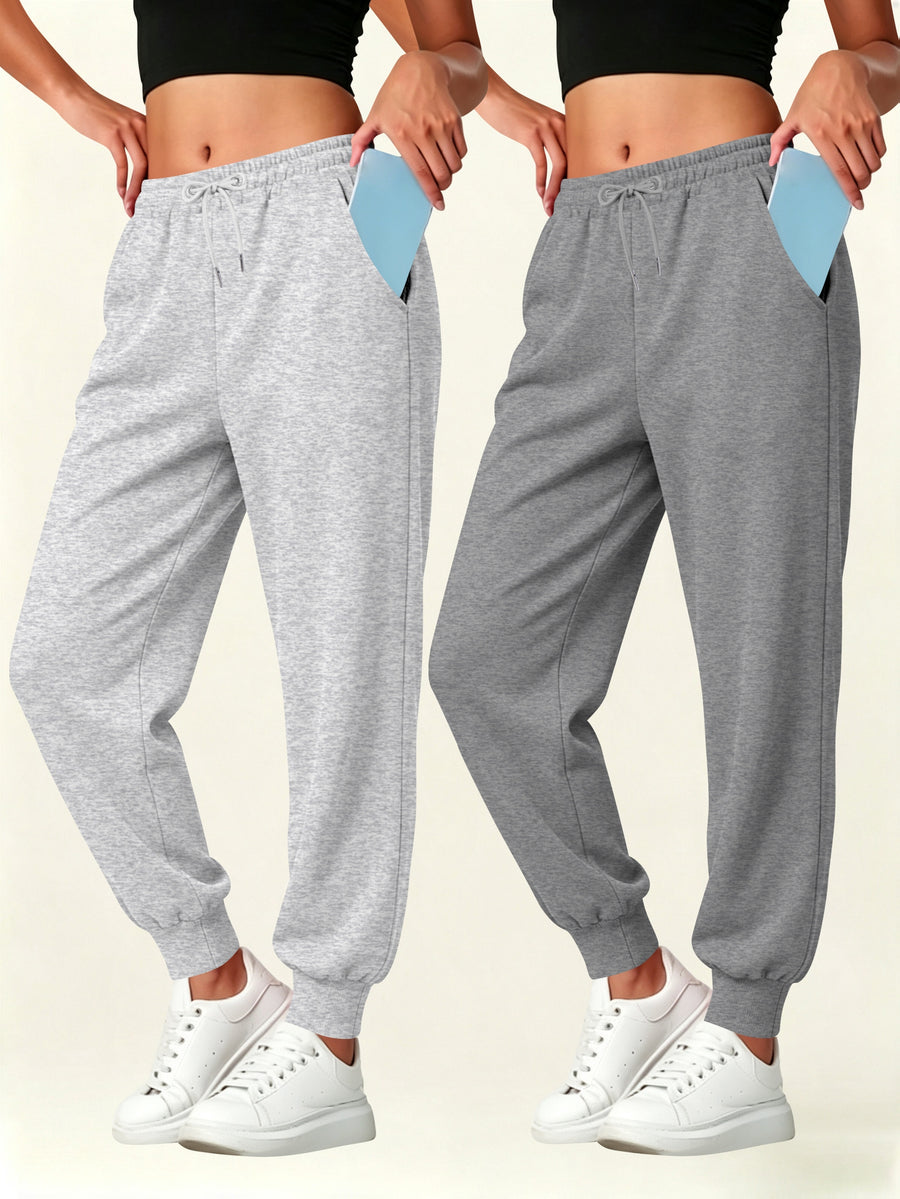 2pcs Set Autumn-Winter Women's Casual Pants with Pockets - Grey+Dark Grey