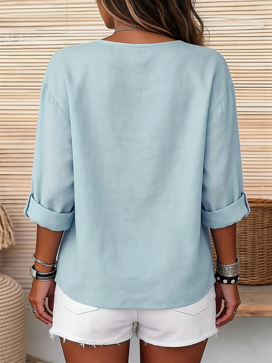 Solid Color Shirt, Round Neck Button-Up, Loose Fit, Casual Wear, Spring Summer Women'S Shirt - Light Blue