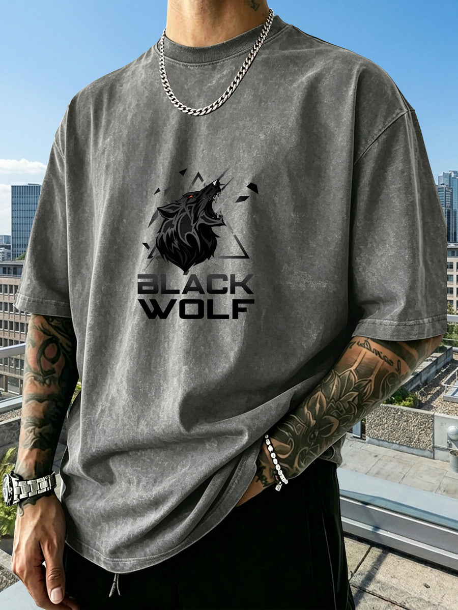 Men's Heavyweight Short-Sleeve Washed Distressed Fashion Print Vintage-Washed Worn Design Streetwear Trendy Distressed Design European and American High Street Style Summer Simple Versatile Gym Workout Sports Top Cotton Breathable - Grey