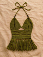 Spring Summer New Women'S Vacation Style Crochet Halter Top Solid Color Tassel Trim Hollow Out Beach Top, Bohemian Style, Date Outing, Valentine'S Day Gift, Music Festival Outfit, Mother'S Day, Beach Vacation [ASD1] - Olive