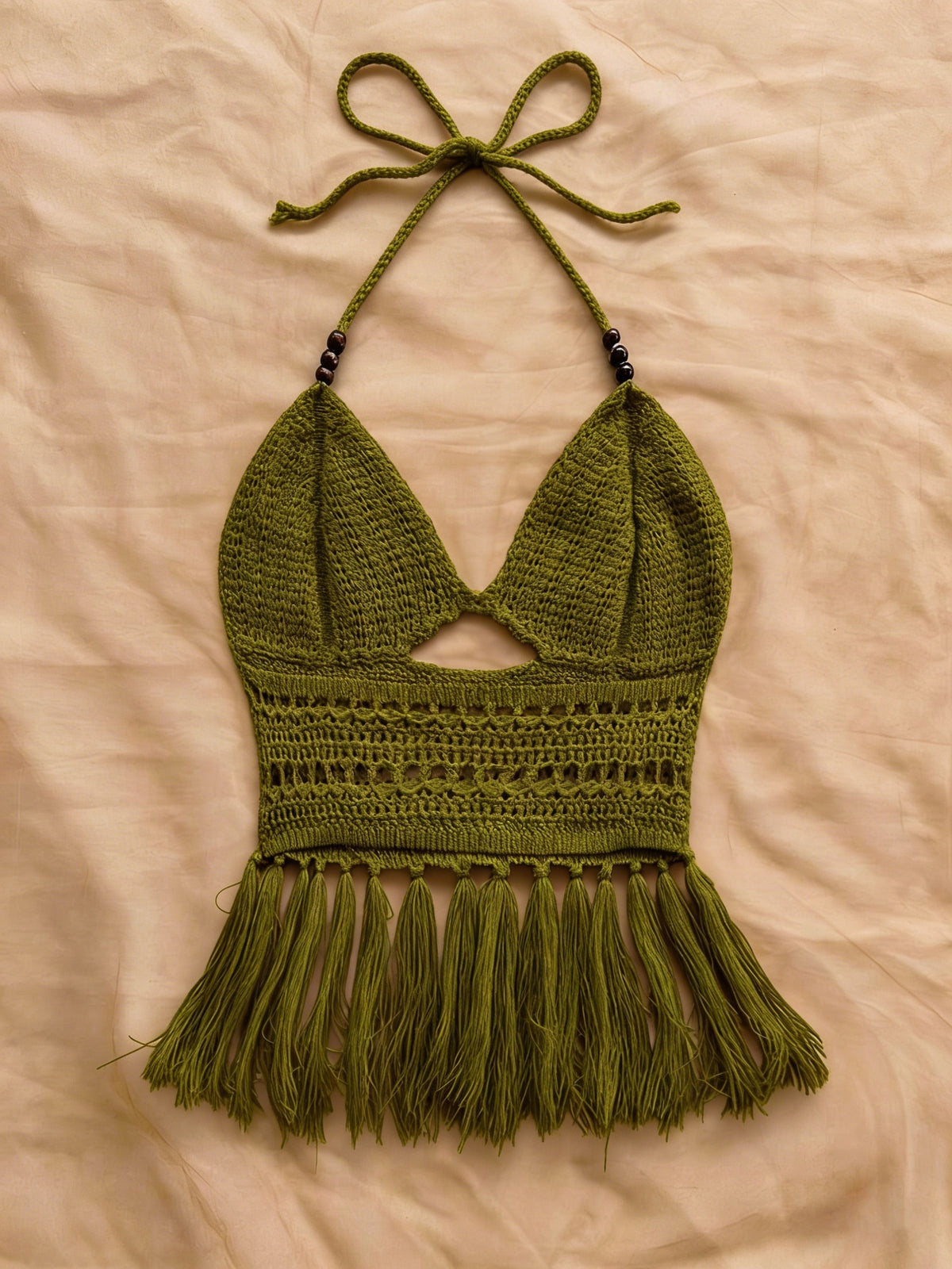 Spring Summer New Women'S Vacation Style Crochet Halter Top Solid Color Tassel Trim Hollow Out Beach Top, Bohemian Style, Date Outing, Valentine'S Day Gift, Music Festival Outfit, Mother'S Day, Beach Vacation [ASD1] - Olive