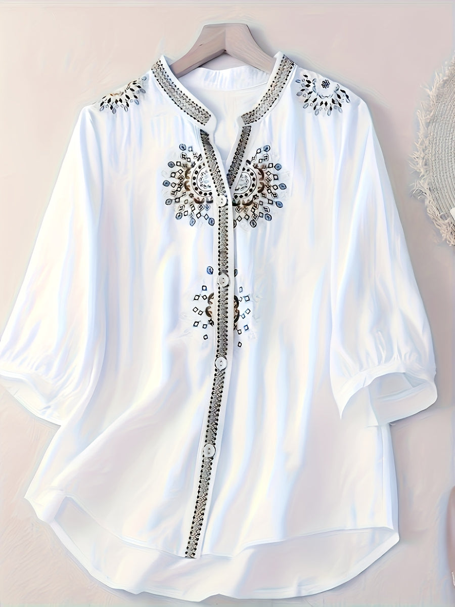 Fashionable Embroidered Short-Sleeve Shirt - White