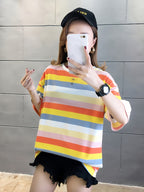 Women's Plus Size Loose Fit Cartoon Print T-Shirt - Pastel Color Block Short Sleeve Round Neck Top, Breathable Medium Stretch Fabric, Long Length Casual Summer Spring Fall Machine Washable, Ladies T Shirts, Trendy Streetwear, Relaxed Fit Tee - Orange