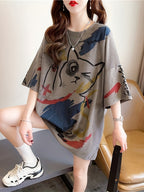 Summer New Fashion Trend Large Size Women'S Slim Loose Medium Long Cartoon Short-Sleeved T-Shirt - K17-H