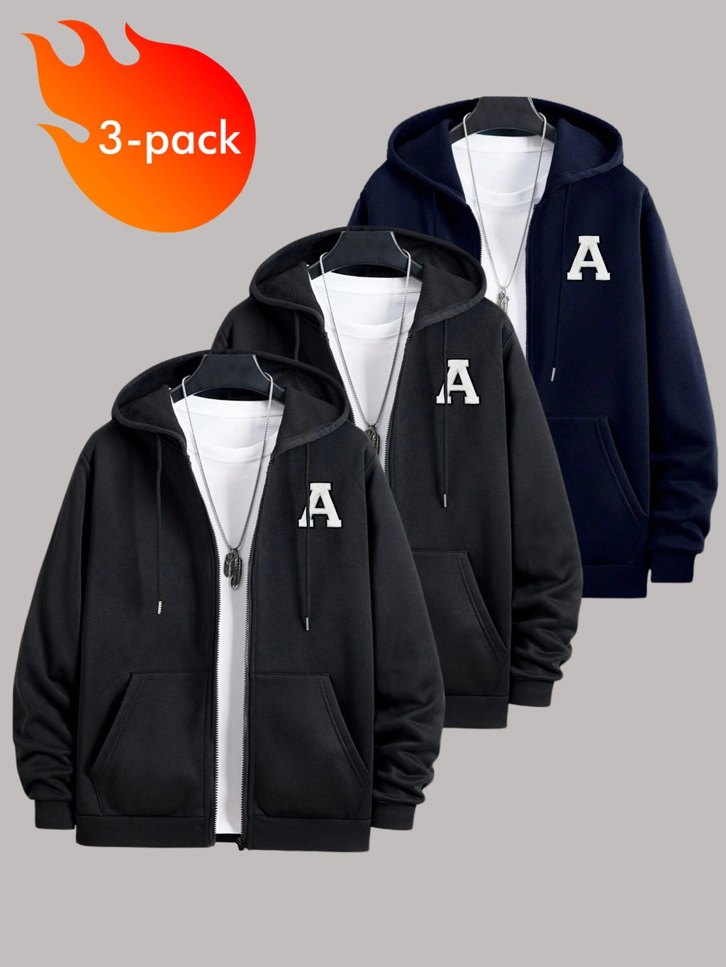 50%, 50% Polyester, 3pcs Men'S Patchwork Warm Fleece Zip-Up Hooded Sweatshirt, Men'S Clothing, Long Sleeve Fleece Jacket, Zip-Up Top, Hooded Sweatshirt, Pockets, Drawstring, Suitable for Outdoor, Casual, Back-To-School Season, Gift for Boyfriend - Black+Black+Navy
