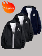 50%, 50% Polyester, 3pcs Men'S Patchwork Warm Fleece Zip-Up Hooded Sweatshirt, Men'S Clothing, Long Sleeve Fleece Jacket, Zip-Up Top, Hooded Sweatshirt, Pockets, Drawstring, Suitable for Outdoor, Casual, Back-To-School Season, Gift for Boyfriend - Black+Black+Navy