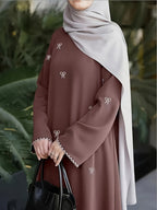 886-Middle East Dubai Bowknot Embroidery Dress - Olive Brown