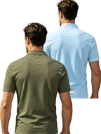 2pcs Men'S Short Sleeve Casual Athletic Polo Shirt Set, Zipper Collar, Comfortable And Breathable, Original Design - Army green plus light blue