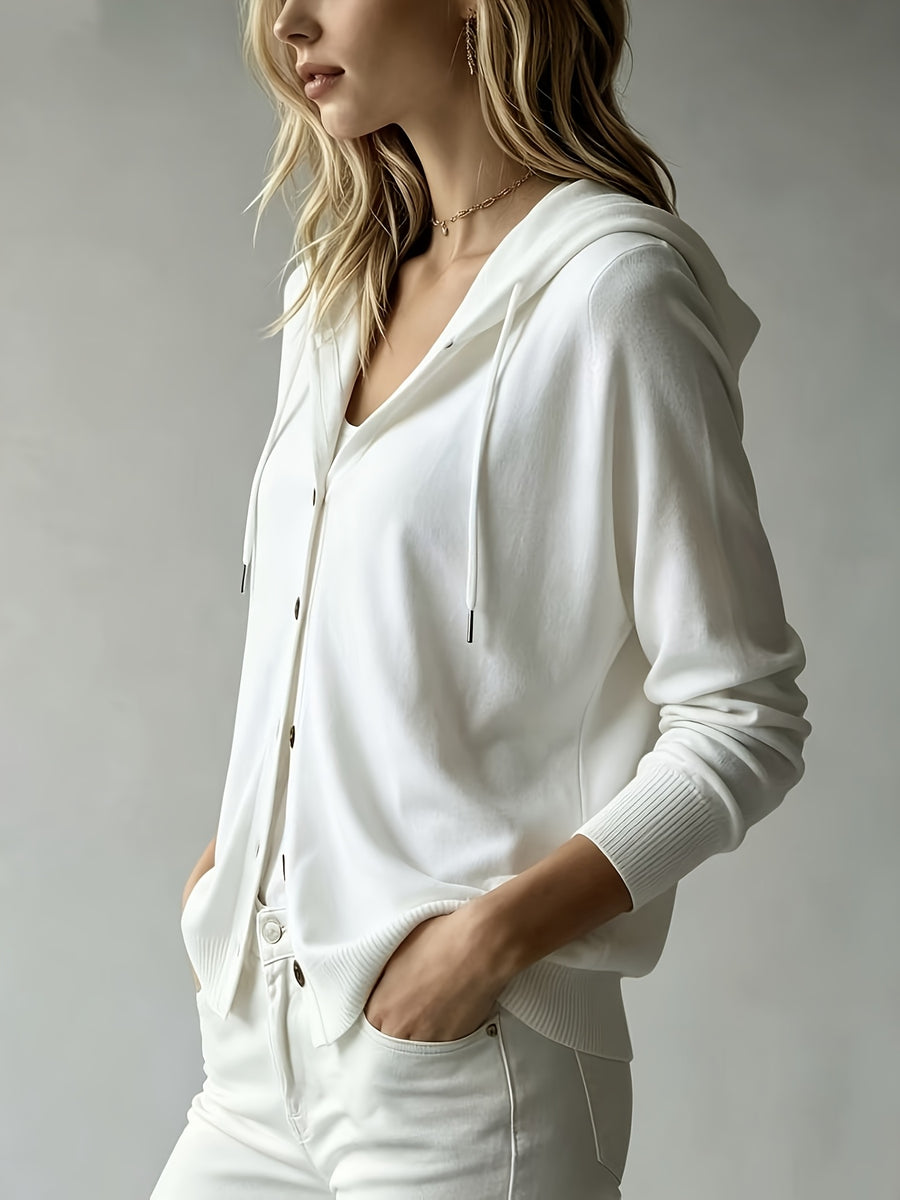Women's Casual Hooded Cardigan, Button-Up Long Sleeve Top, Lightweight Loose Hooded Outerwear, Suitable for Daily/Commute/Vacation Multi-Scene Wear, Gavin - White