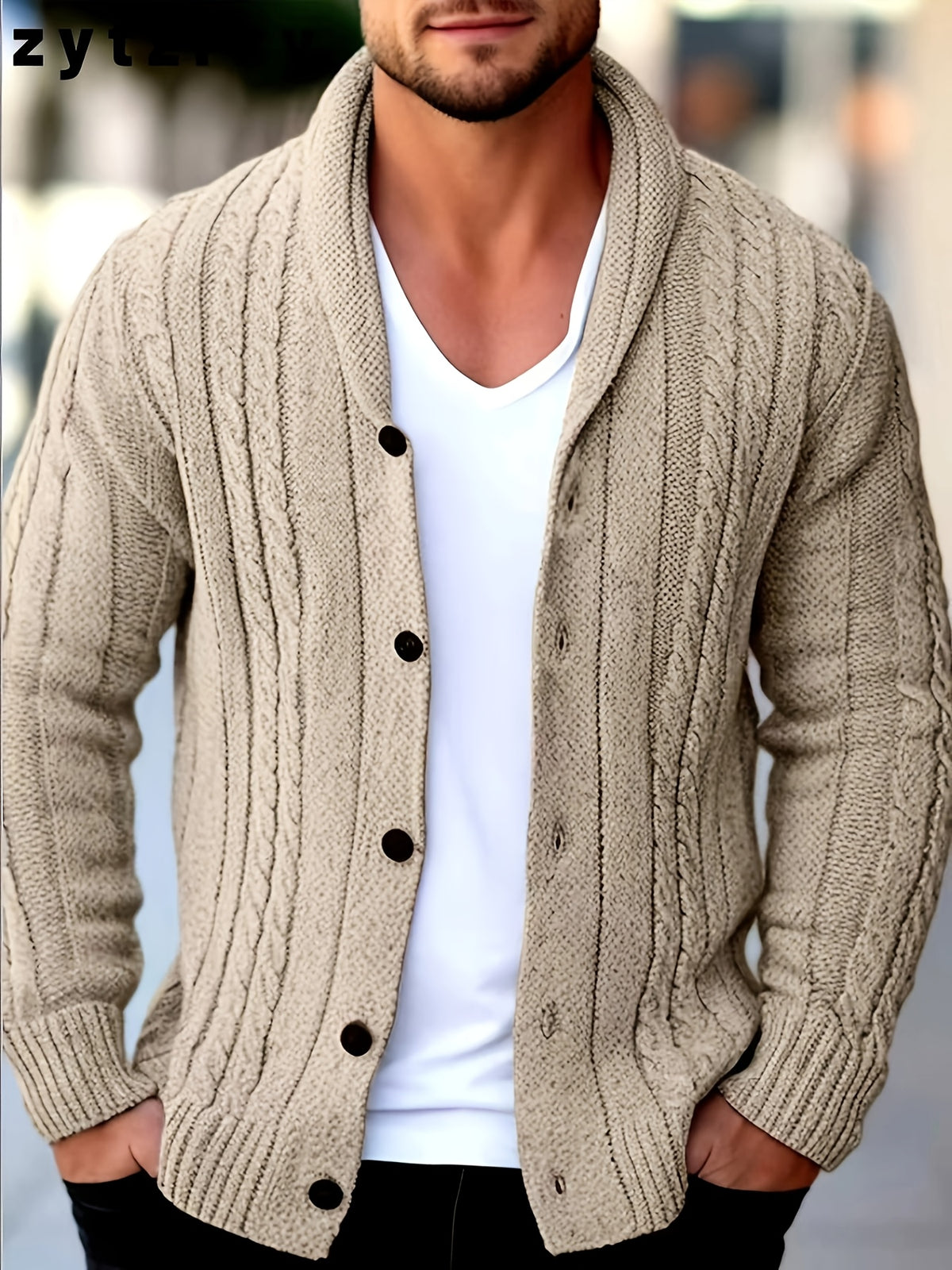 Men's Casual Sport Knit Cardigan, Fashion Knit Cardigan Jacket | Long Sleeve Thickened for Autumn and Winter, Warm, Featuring Cable Knit Craftsmanship, Casual Style Sweater with Button Closure, Regular Fit Long Sleeve Casual Style for Autumn and - Apricot