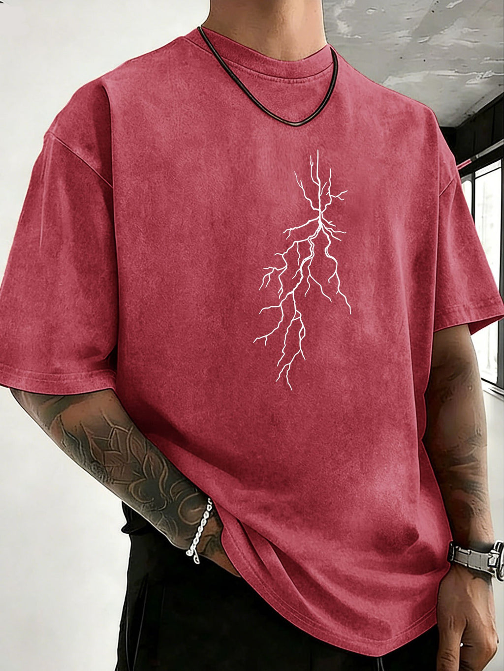 Men 100% Washed Distressed Crew Neck Short-Sleeve T-Shirt, Sketch Lightning Graphic Position Double-Sided Print, Trendy Loose Casual Tee Tops, 12 Colors Available - Red