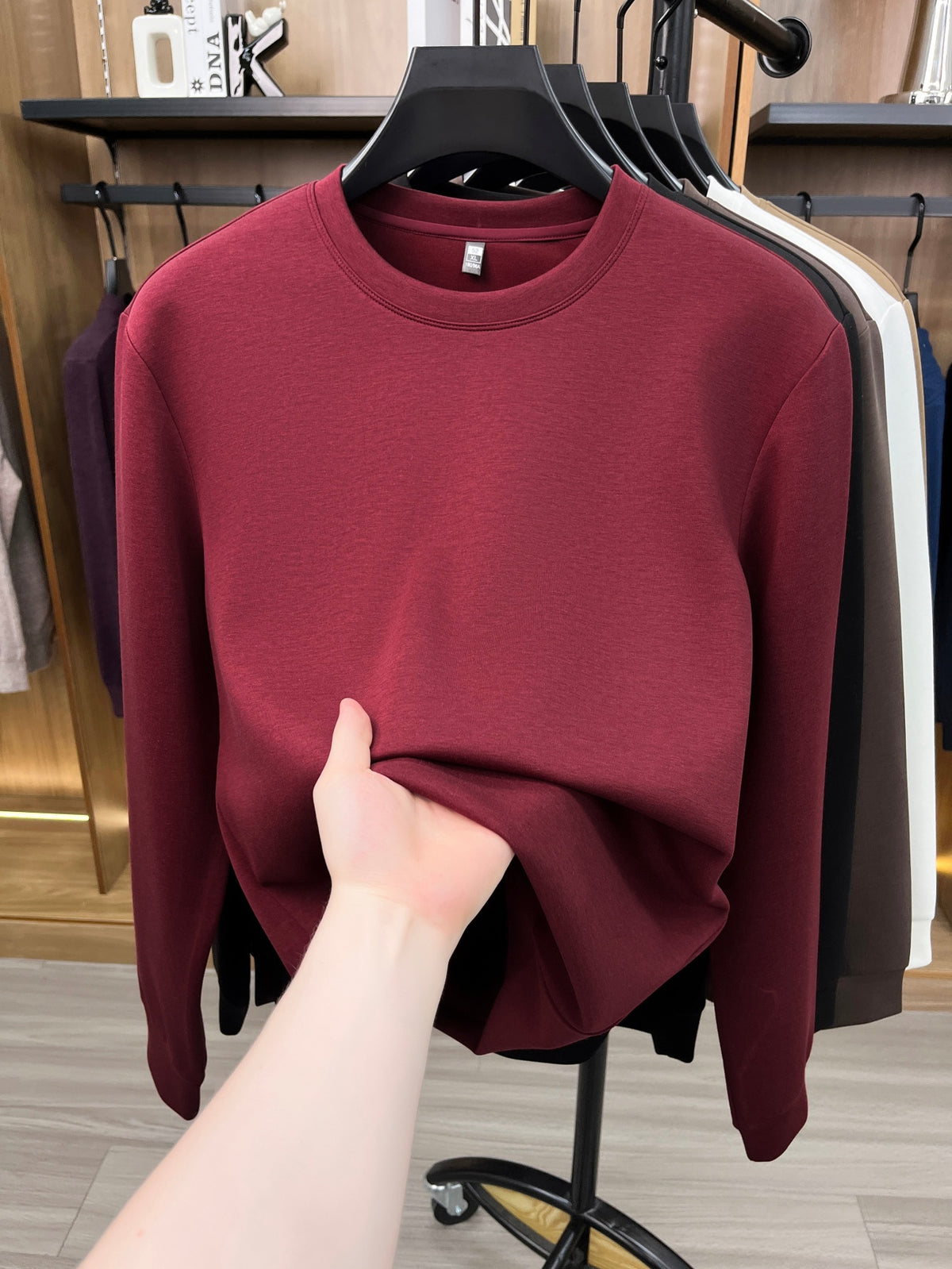 Spring And Autumn High Quality Round Neck Long Sleeve Base Layer Versatile Casual Solid Color Men'S Sweater, Home Casual Inner Wear Skin-Friendly Warm Multi-Color Available Men'S Top, Durable Comfortable Pullover LS3351 - Burgundy