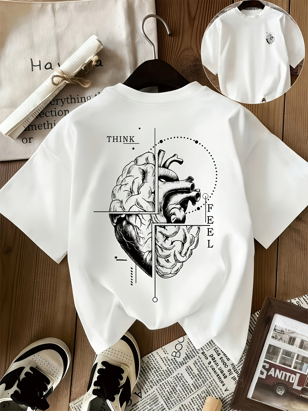 Women's Retro Minimalist Short-Sleeve T-Shirt - Front & Back Heart-Brain Sketch Print & English Lettering, Round Neck -Line Suitable for Casual Casual Attire, /Korean Style Summer Top - White