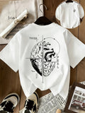 Women's Retro Minimalist Short-Sleeve T-Shirt - Front & Back Heart-Brain Sketch Print & English Lettering, Round Neck -Line Suitable for Casual Casual Attire, /Korean Style Summer Top - White