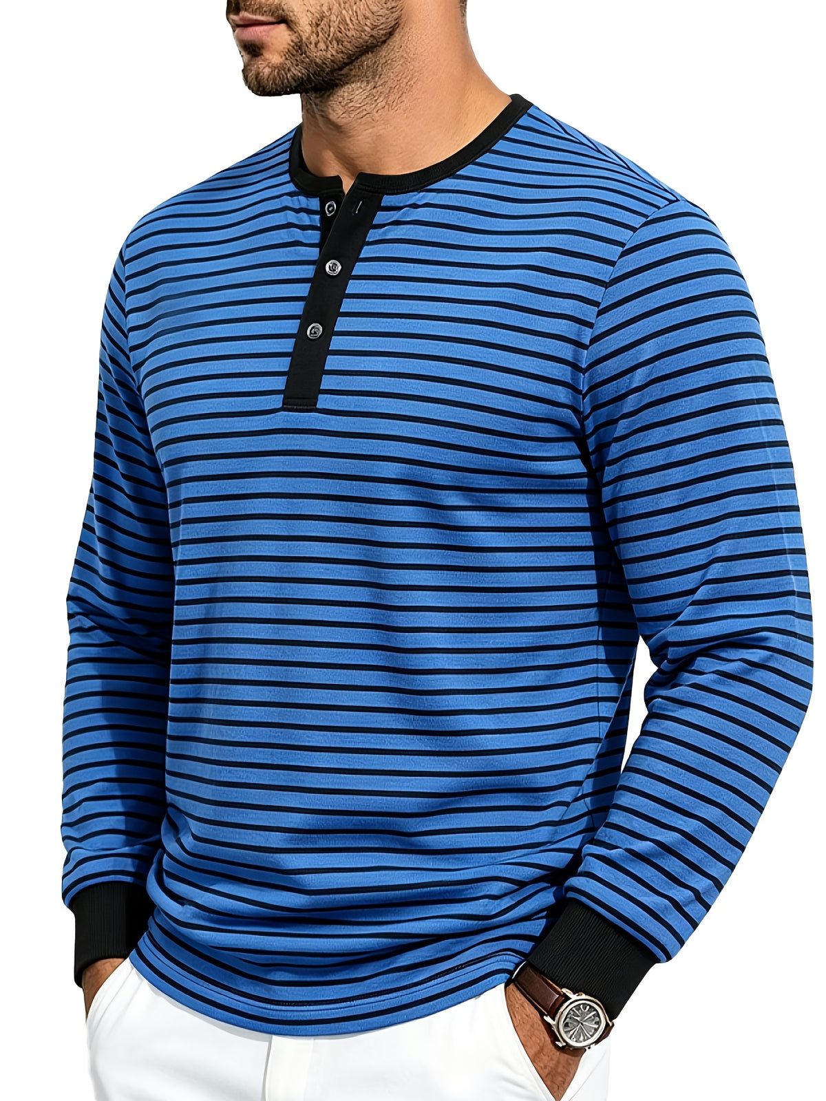 Men'S Spring Autumn Casual Loose Easy Striped Outdoor Commuter Long Sleeve Henley Shirt - Royal Blue