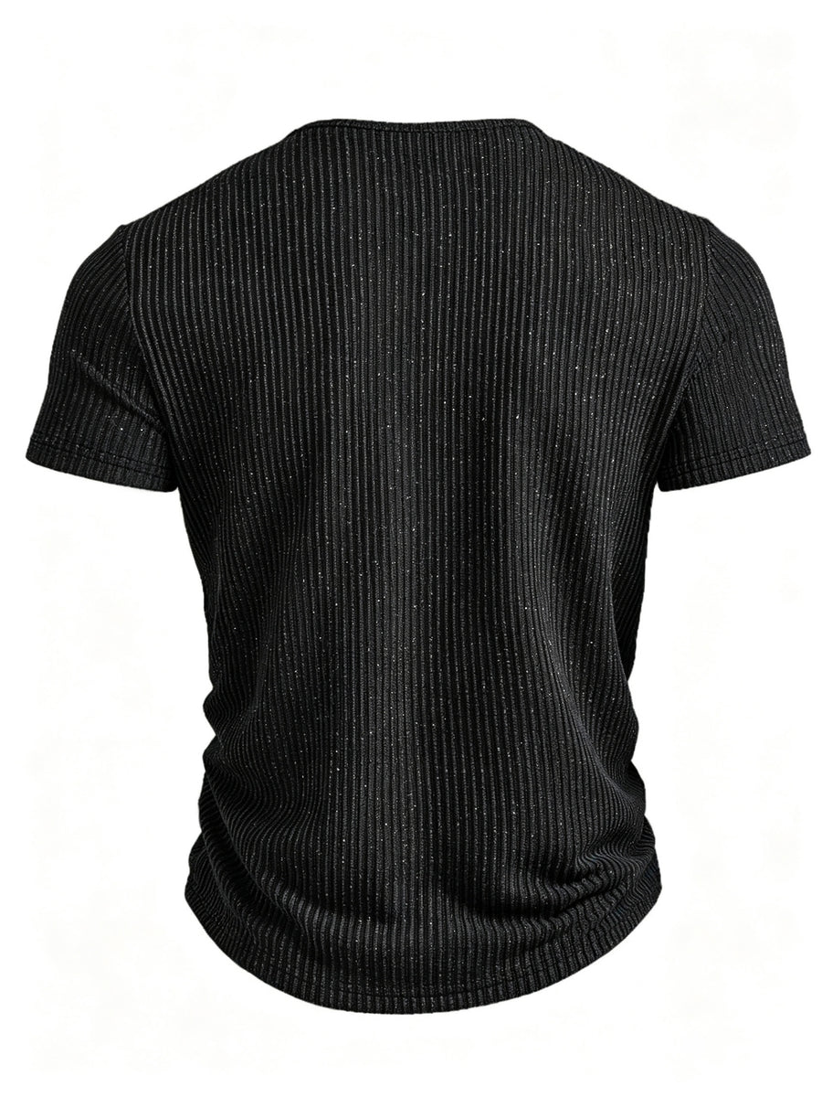 Josh Mei Product Selection Business Casual Men's Henley Short Sleeve Vertical Striped Textured Lightweight Breathable Top Outdoor Street Trendy Daily Commute Underwear Shirt - Black