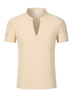Men's Solid Color V-Neck Short Sleeve T-Shirt, Summer Casual Breathable Solid Color Top, Simple Fashionable Trendy Men's Clothing - Khaki