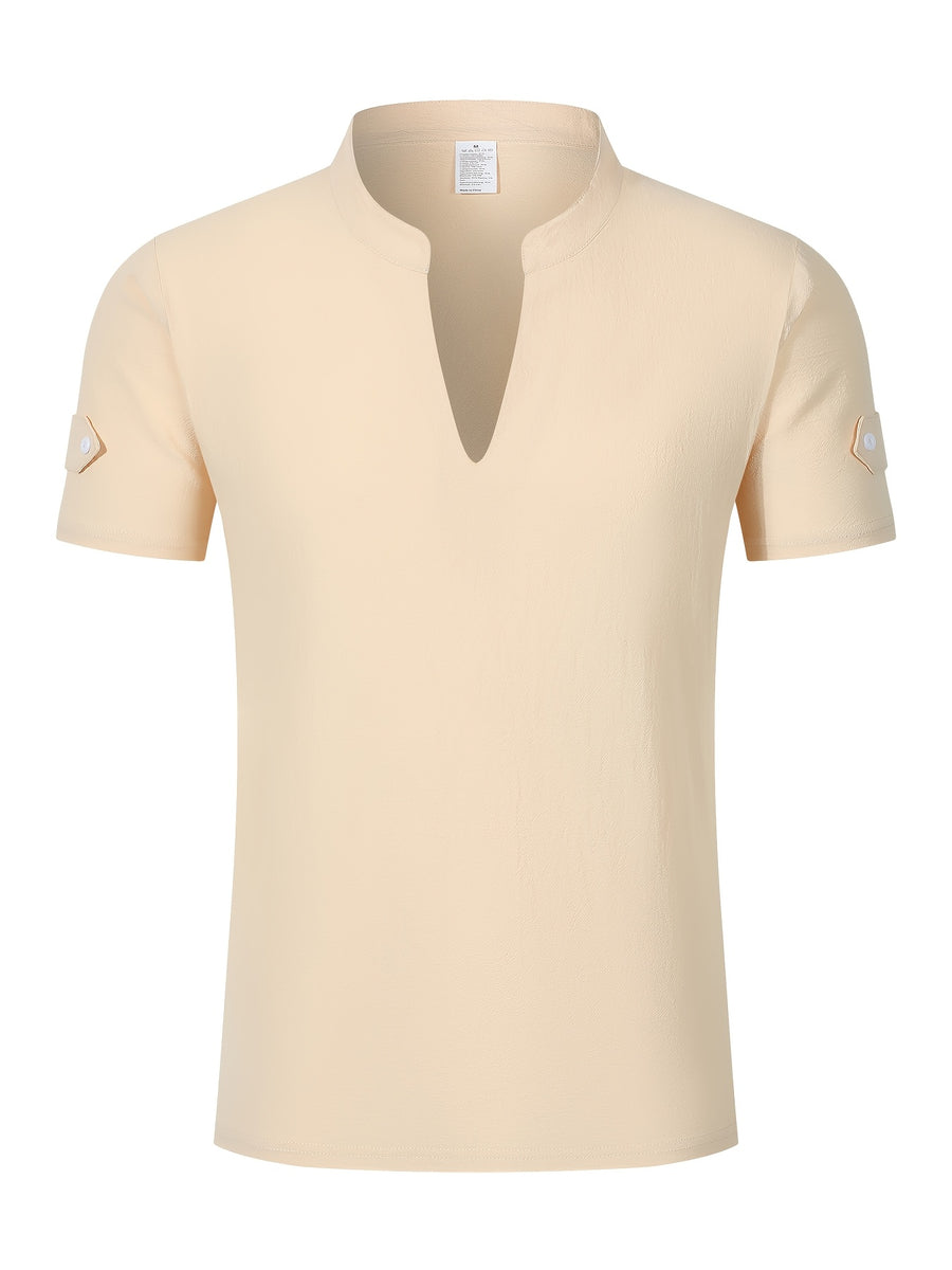 Men's Solid Color V-Neck Short Sleeve T-Shirt, Summer Casual Breathable Solid Color Top, Simple Fashionable Trendy Men's Clothing - Khaki