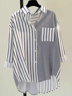 Women'S New Long Sleeve Classic Striped Shirt, Temperament Commute Casual All-Match Curved Hem Waistline Shaping - Black