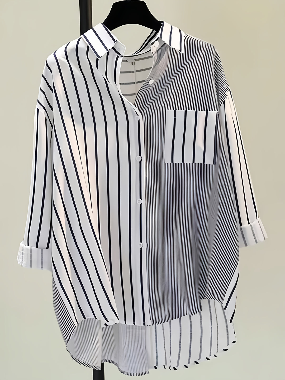 Women'S New Long Sleeve Classic Striped Shirt, Temperament Commute Casual All-Match Curved Hem Waistline Shaping - Black