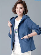 2025 Autumn Fashion Hooded Zipper Jacket for Women Korean Corduroy Loose Zipper Cardigan Versatile Slim - Blue
