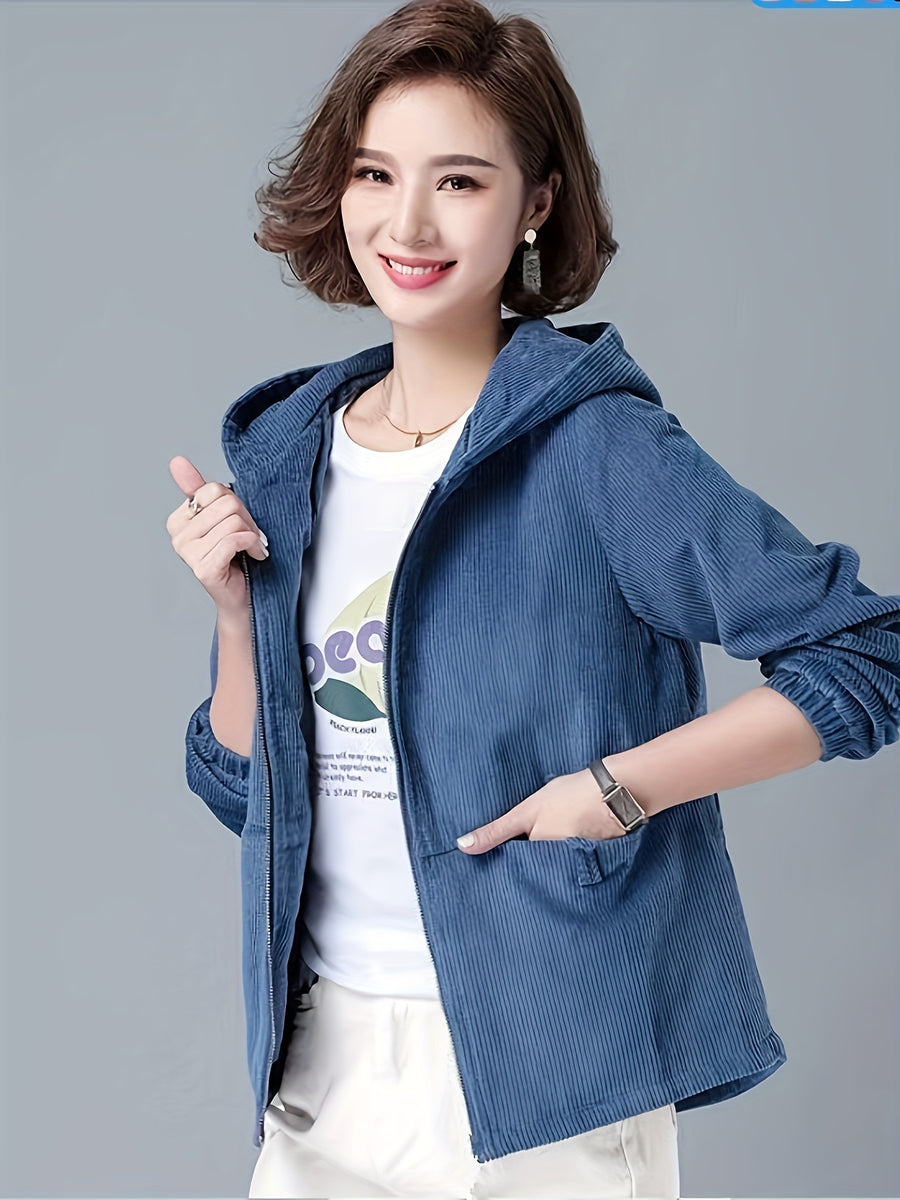 2025 Autumn Fashion Hooded Zipper Jacket for Women Korean Corduroy Loose Zipper Cardigan Versatile Slim - Blue