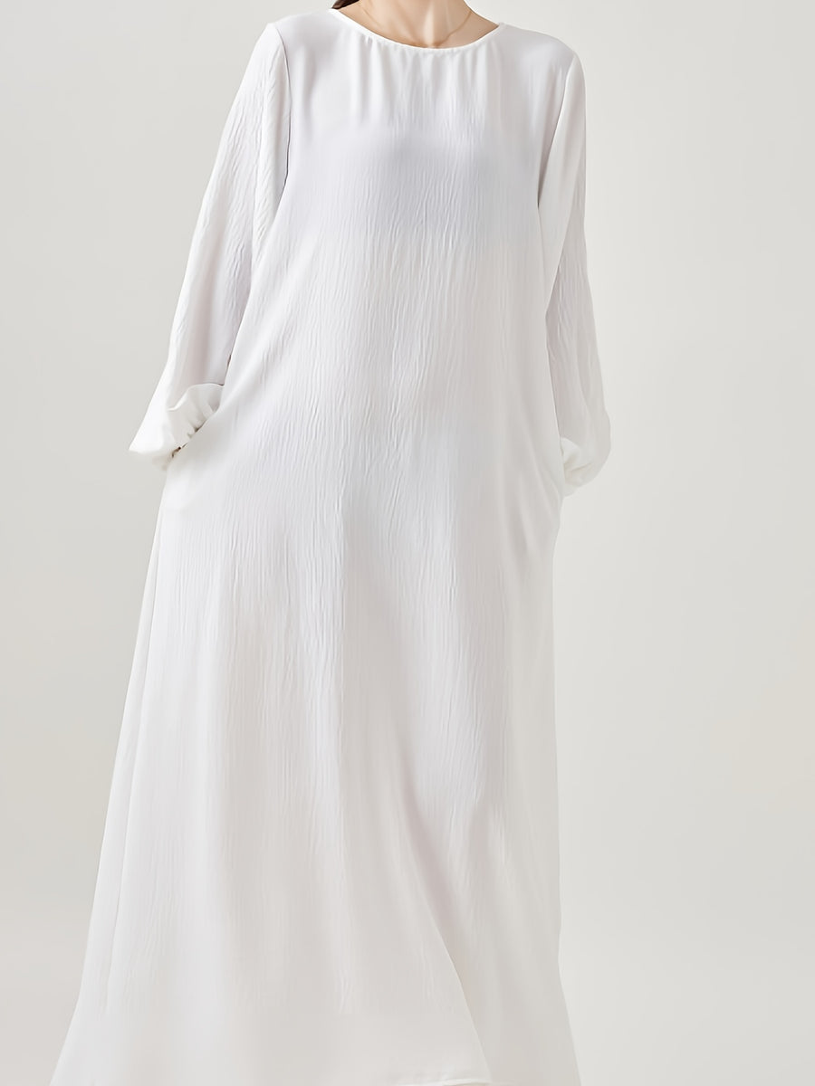 Comfortable & Casual Solid Color Muslim Dress with Bubble Pleats, Elastic Cuffs, and Flowy Hem - Polyester, Machine Washable - White