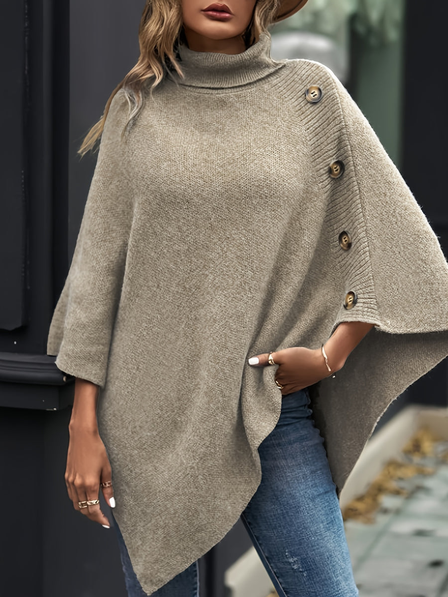 Elegant Special "Slim Fit Bust" 1 Elegant Women's Solid Color High-neck Shawl Pullover, Side Faux Button Decoration, Asymmetrical Design, 100% Polyester, Fashionable and Elegant Vintage Ethnic Style Pullover, Suitable for Spring, Autumn, and Winter - Apricot